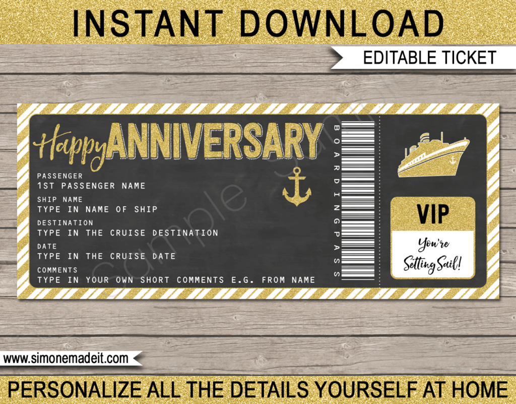 Printable Anniversary Cruise Ticket Boarding Pass Gift Template | Gold Glitter & Chalkboard | Editable Gift Voucher | Surprise Cruise Reveal | Anniversary Present | INSTANT DOWNLOAD via giftsbysimonemadeit.com