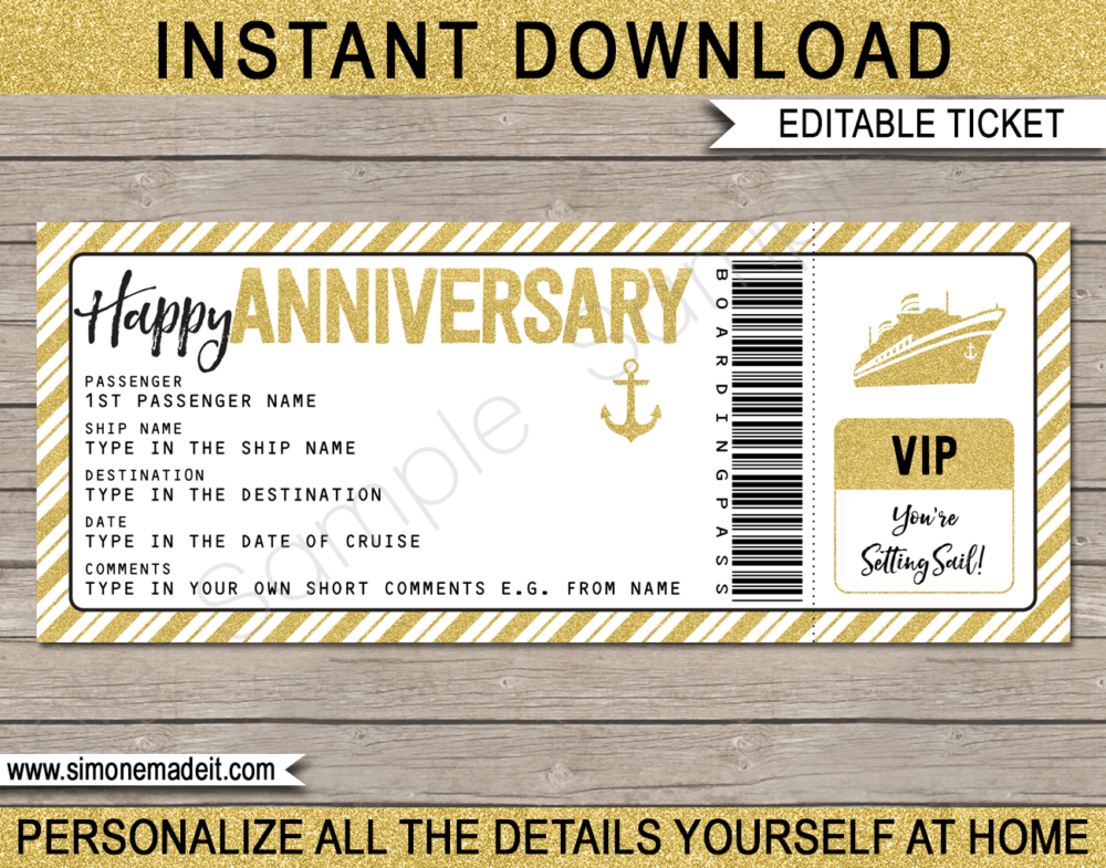 Printable Anniversary Cruise Ticket Boarding Pass Gift Template | Gold Glitter | Editable Gift Voucher | Surprise Cruise Reveal | Anniversary Present | INSTANT DOWNLOAD via giftsbysimonemadeit.com