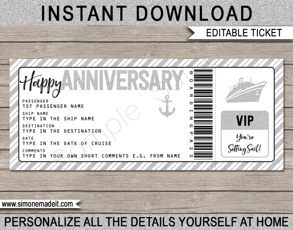 Printable Anniversary Cruise Ticket Boarding Pass Gift Template | Silver Glitter | Editable Gift Voucher | Surprise Cruise Reveal | Anniversary Present | INSTANT DOWNLOAD via giftsbysimonemadeit.com