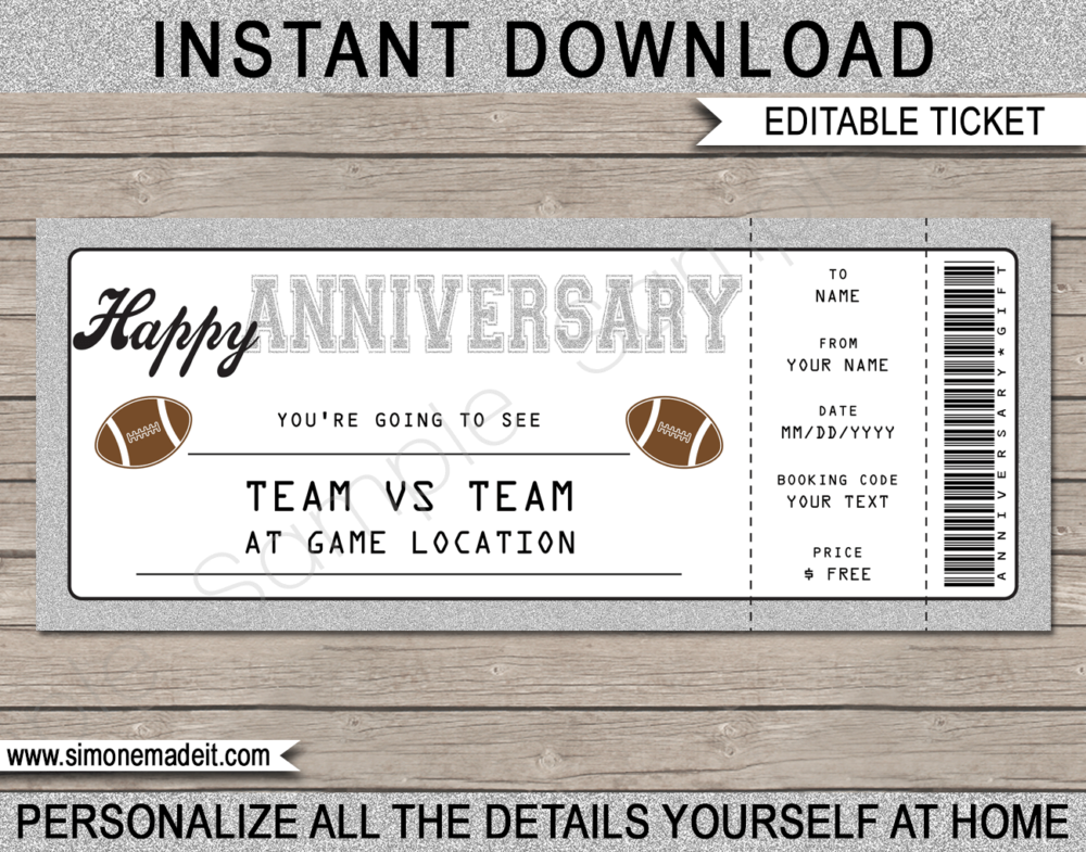 Printable Anniversary Football Ticket Gift Voucher Template - Surprise tickets to a Football Game - Gift Certificate - Anniversary present - DIY Editable & Printable Template - INSTANT DOWNLOAD via giftsbysimonemadeit.com #footballgifttickets #lastminutegift