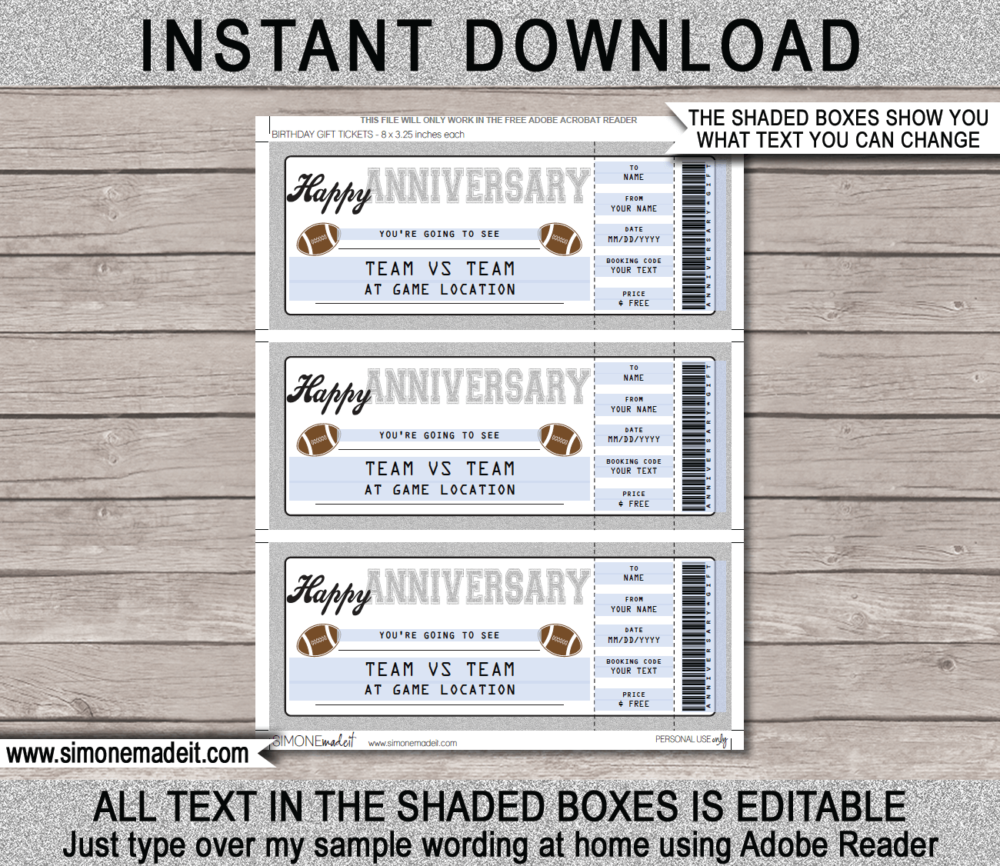 Printable Anniversary Football Ticket Gift Voucher Template - Surprise tickets to a Football Game - Gift Certificate - Anniversary present - DIY Editable & Printable Template - INSTANT DOWNLOAD via giftsbysimonemadeit.com #footballgifttickets #lastminutegift