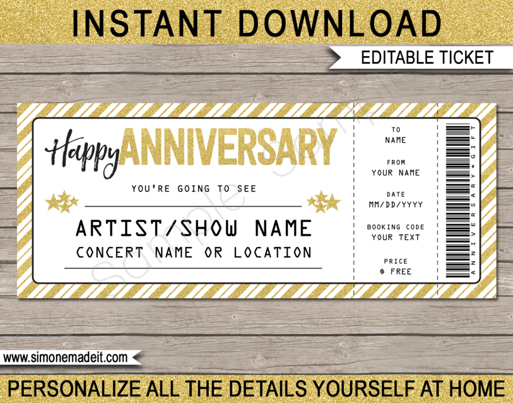 Printable Anniversary Concert Ticket Template - Surprise Anniversary Gift to a Concert | Gold Glitter | Editable & Printable DIY Gift Voucher | Last Minute Gift | Concert, Show, Performance, Band, Artist, Music Festival | Happy Anniversary Present | Instant Download via giftsbysimonemadeit.com