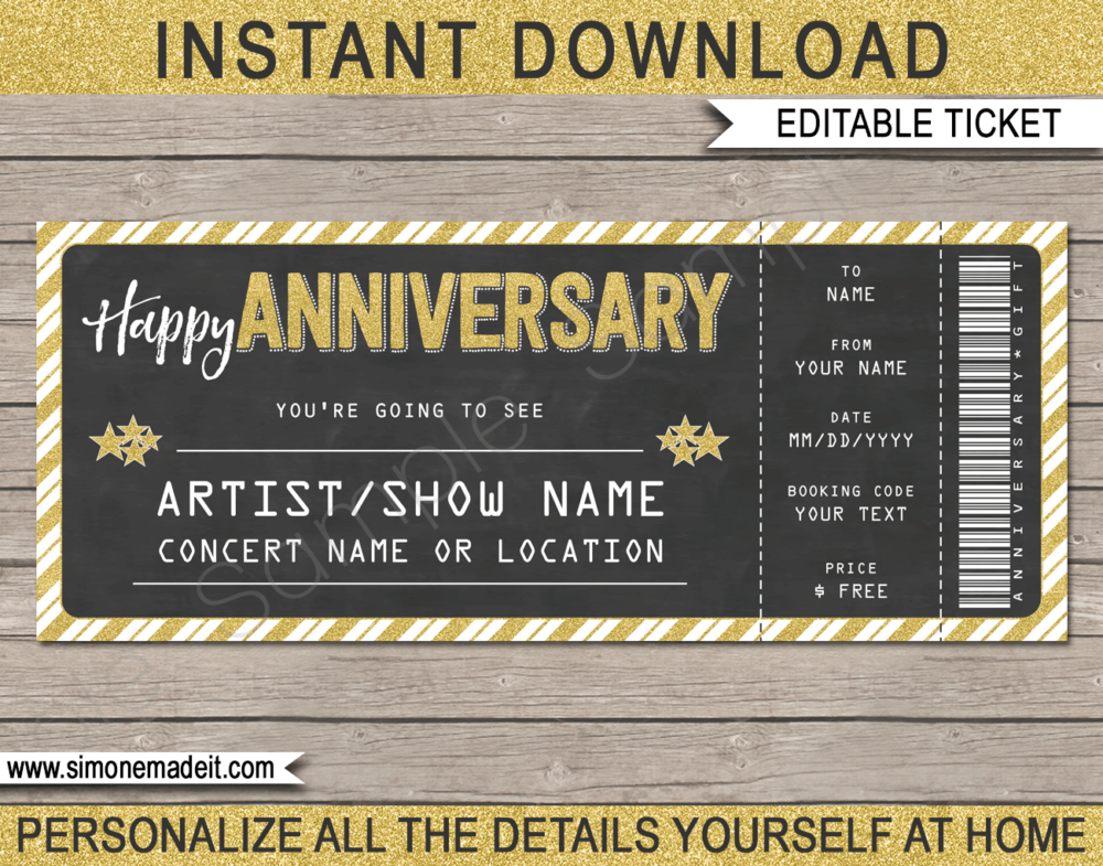 Printable Anniversary Concert Ticket Template - Surprise Anniversary Gift to a Concert | Chalkboard & Gold Glitter | Editable & Printable DIY Gift Voucher | Last Minute Gift | Concert, Show, Performance, Band, Artist, Music Festival | Happy Anniversary Present | Instant Download via giftsbysimonemadeit.com