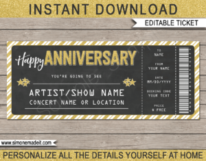 Printable Anniversary Concert Ticket Template - Surprise Anniversary Gift to a Concert | Chalkboard & Gold Glitter | Editable & Printable DIY Gift Voucher | Last Minute Gift | Concert, Show, Performance, Band, Artist, Music Festival | Happy Anniversary Present | Instant Download via giftsbysimonemadeit.com
