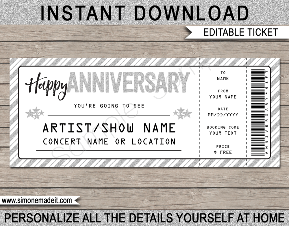 Printable Anniversary Concert Ticket Gift Template - Surprise Anniversary Gift to a Concert | Silver Glitter | Editable & Printable DIY Gift Voucher | Last Minute Gift | Concert, Show, Performance, Band, Artist, Music Festival | Happy Anniversary Present | Instant Download via giftsbysimonemadeit.com