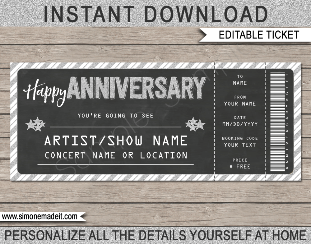 Printable Anniversary Concert Ticket Gift Template - Surprise Anniversary Gift to a Concert | Chalkboard & Silver Glitter | Editable & Printable DIY Gift Voucher | Last Minute Gift | Concert, Show, Performance, Band, Artist, Music Festival | Happy Anniversary Present | Instant Download via giftsbysimonemadeit.com