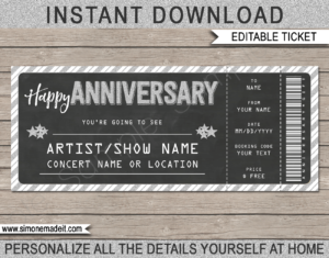 Printable Anniversary Concert Ticket Gift Template - Surprise Anniversary Gift to a Concert | Chalkboard & Silver Glitter | Editable & Printable DIY Gift Voucher | Last Minute Gift | Concert, Show, Performance, Band, Artist, Music Festival | Happy Anniversary Present | Instant Download via giftsbysimonemadeit.com