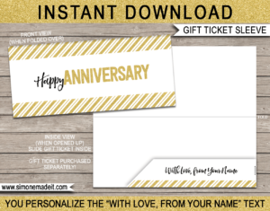 Gold Glitter Printable Anniversary Gift Ticket Sleeve Template for gift tickets, fake boarding passes, gift vouchers or money | DIY Editable & Printable Template | INSTANT DOWNLOAD via giftsbysimonemadeit.com