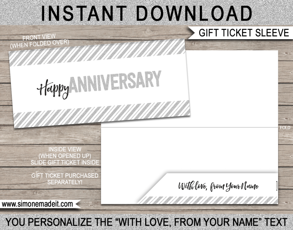 Silver Printable Anniversary Gift Ticket Sleeve Template for gift tickets, fake boarding passes, gift vouchers or money | DIY Editable & Printable Template | INSTANT DOWNLOAD via giftsbysimonemadeit.com