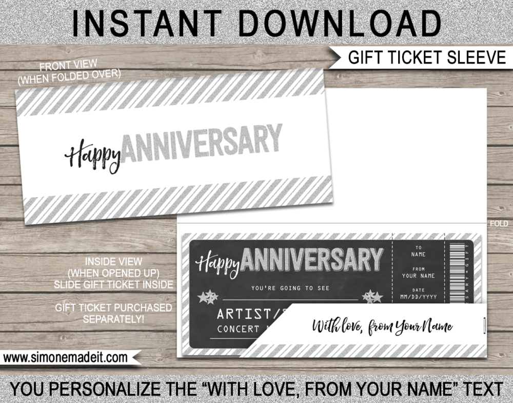 Anniversary Gift Ticket Sleeve Template for gift tickets, fake boarding passes, gift vouchers or money | DIY Editable & Printable Template | INSTANT DOWNLOAD via giftsbysimonemadeit.com