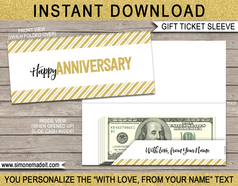 Gold Glitter Printable Anniversary Gift Ticket Sleeve Template for gift tickets, fake boarding passes, gift vouchers or money | DIY Editable & Printable Template | INSTANT DOWNLOAD via giftsbysimonemadeit.com