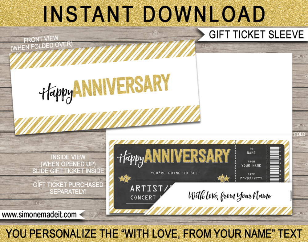 Gold Glitter Printable Anniversary Gift Ticket Sleeve Template for gift tickets, fake boarding passes, gift vouchers or money | DIY Editable & Printable Template | INSTANT DOWNLOAD via giftsbysimonemadeit.com