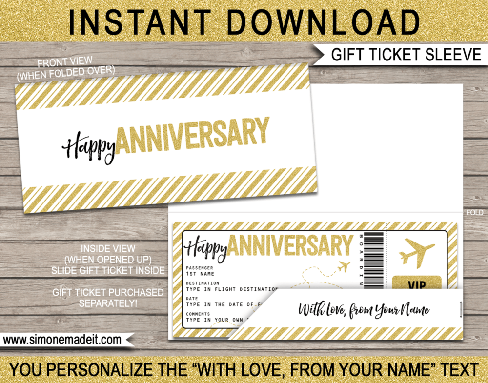 Gold Printable Anniversary Gift Ticket Sleeve Template for gift tickets, fake boarding passes, gift vouchers or money | DIY Editable & Printable Template | INSTANT DOWNLOAD via giftsbysimonemadeit.com