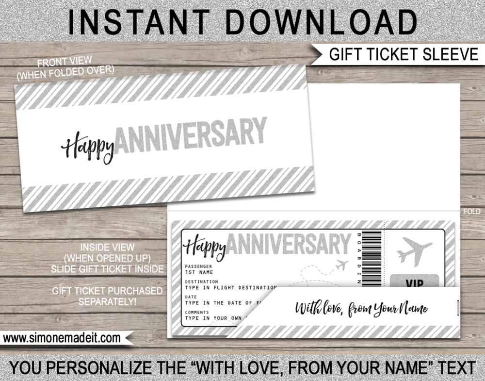 Printable Anniversary Gift Ticket Sleeve Template for gift tickets, fake boarding passes, gift vouchers or money | DIY Editable & Printable Template | INSTANT DOWNLOAD via giftsbysimonemadeit.com