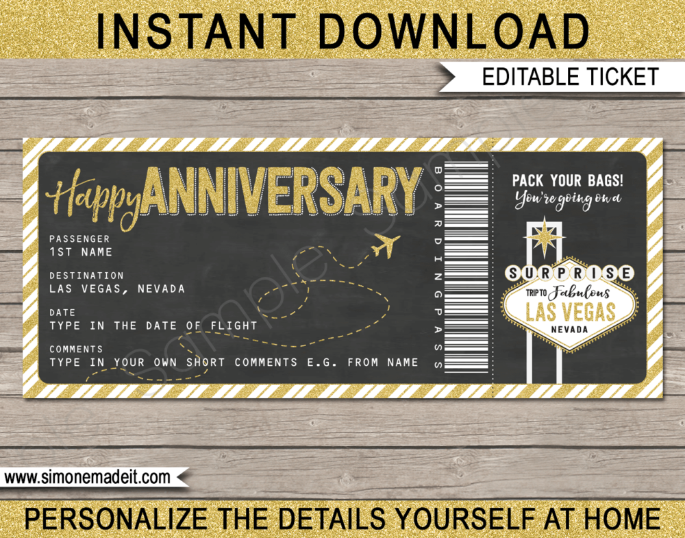 Printable Anniversary Las Vegas Trip Boarding Pass Gift template | Gold Glitter & Chalkboard | Surprise Las Vegas Trip Reveal, Flight Getaway, Holiday, Vacation | Faux Fake Boarding Pass | Anniversary Present | DIY Editable Template | Instant Download via giftsbysimonemadeit.com