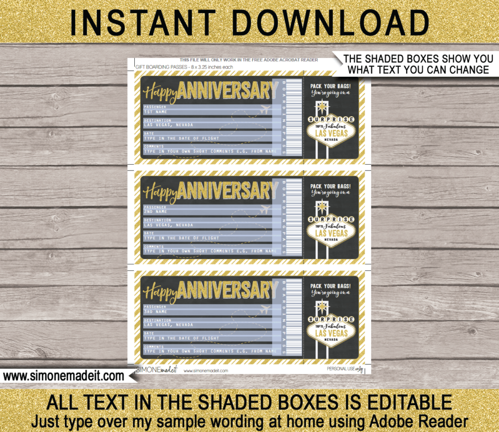 Printable Anniversary Las Vegas Trip Boarding Pass Gift template | Gold Glitter & Chalkboard | Surprise Las Vegas Trip Reveal, Flight Getaway, Holiday, Vacation | Faux Fake Boarding Pass | Anniversary Present | DIY Editable Template | Instant Download via giftsbysimonemadeit.com