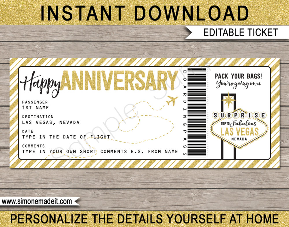 Printable Anniversary Las Vegas Trip Boarding Pass Gift template | Gold Glitter | Surprise Las Vegas Trip Reveal, Flight Getaway, Holiday, Vacation | Faux Fake Boarding Pass | Anniversary Present | DIY Editable Template | Instant Download via giftsbysimonemadeit.com