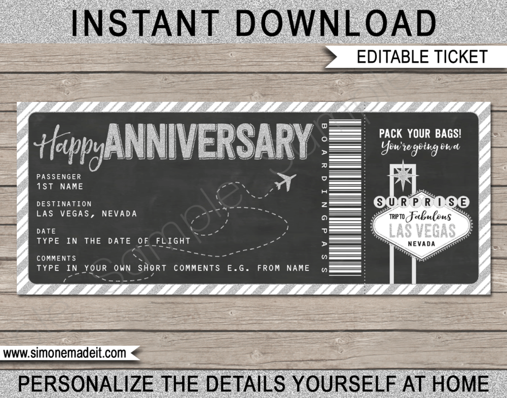 Printable Anniversary Las Vegas Trip Boarding Pass Gift template | Silver Glitter & Chalkboard | Surprise Las Vegas Trip Reveal, Flight Getaway, Holiday, Vacation | Faux Fake Boarding Pass | Anniversary Present | DIY Editable Template | Instant Download via giftsbysimonemadeit.com