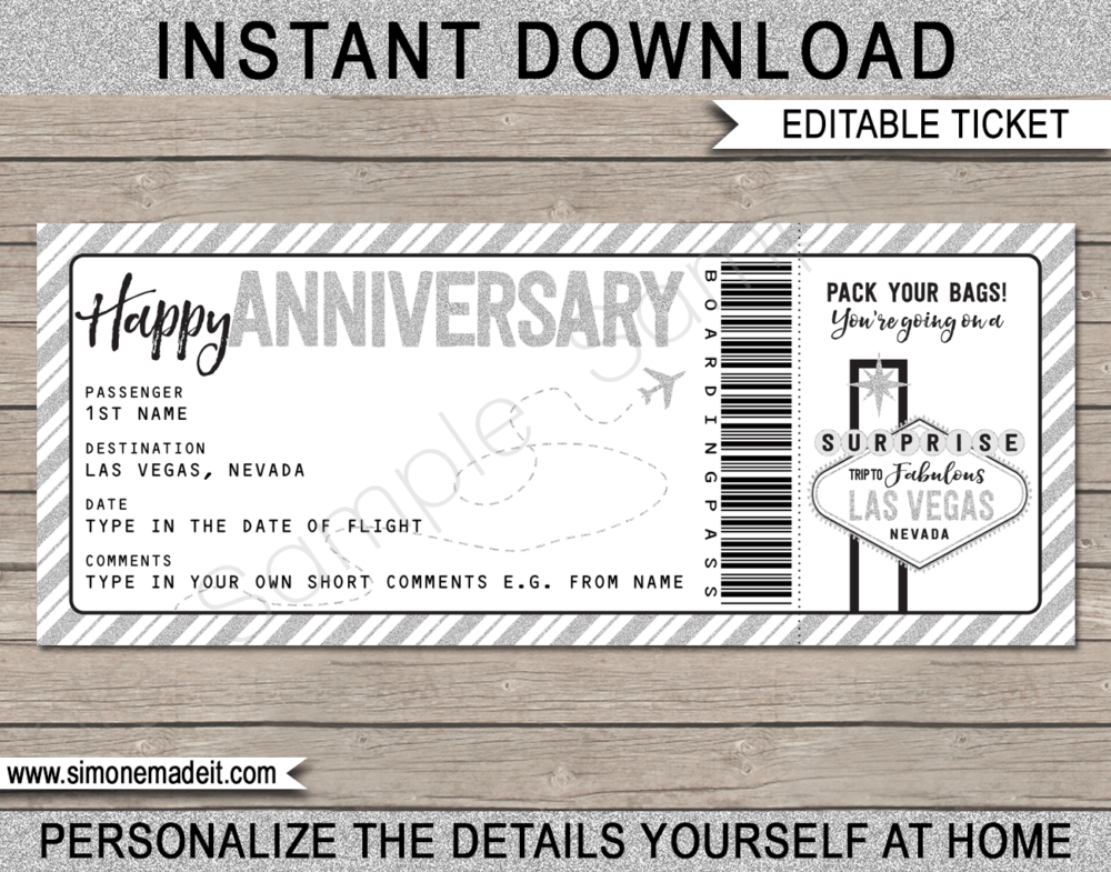 Printable Anniversary Las Vegas Trip Boarding Pass Gift template | Silver Glitter | Surprise Las Vegas Trip Reveal, Flight Getaway, Holiday, Vacation | Faux Fake Boarding Pass | Anniversary Present | DIY Editable Template | Instant Download via giftsbysimonemadeit.com