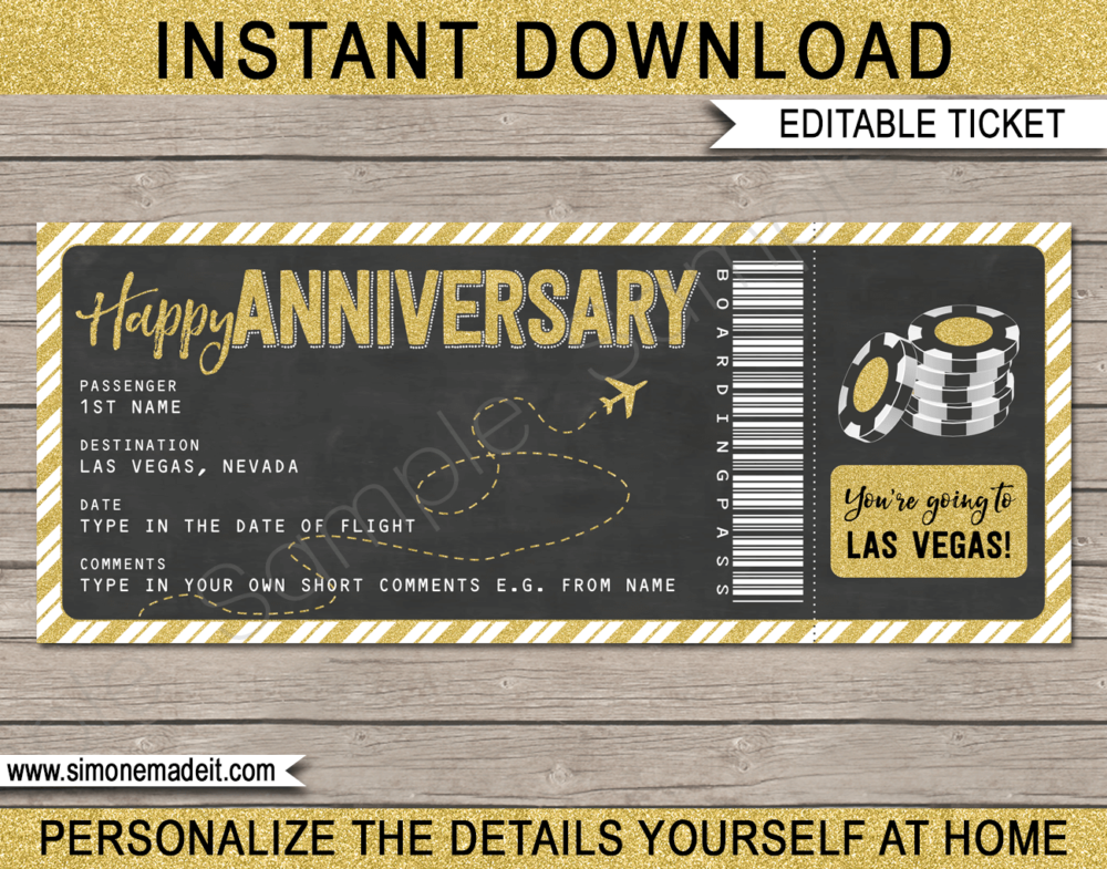 Anniversary Las Vegas Trip Boarding Pass Gift template | Gold Glitter & Chalkboard | Surprise Las Vegas Trip, Flight Getaway, Holiday, Vacation | Faux Fake Boarding Pass | Anniversary Present | DIY Editable Template | Instant Download via giftsbysimonemadeit.com