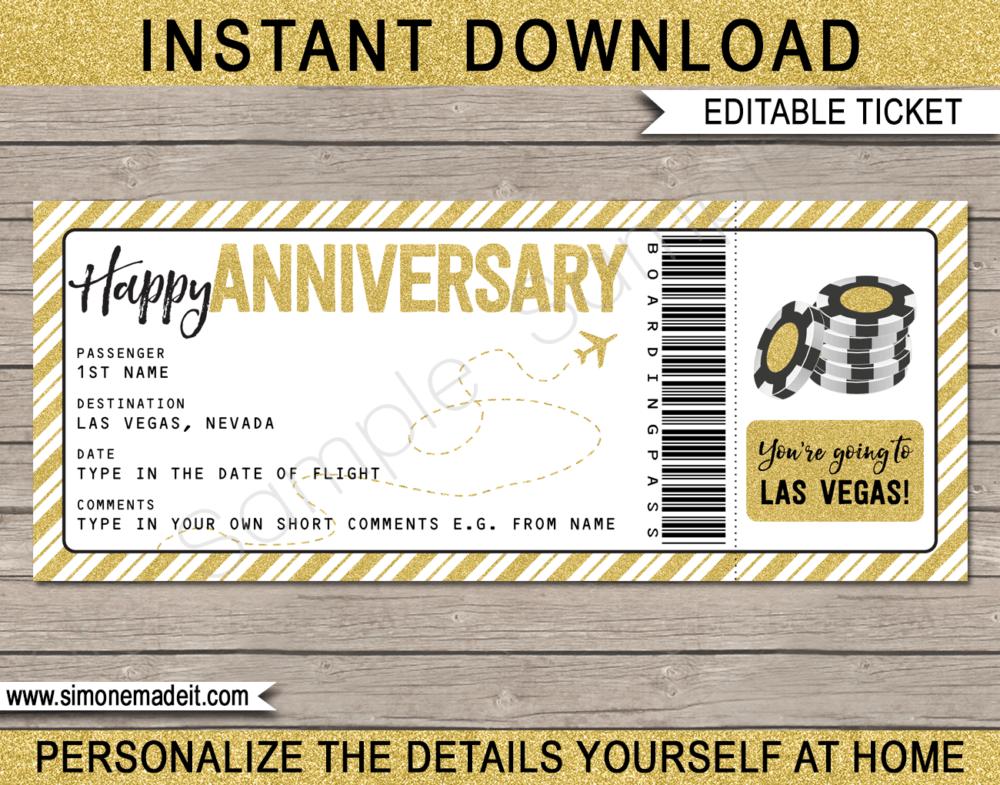 Anniversary Las Vegas Trip Boarding Pass Gift template | Gold Glitter | Surprise Las Vegas Trip, Flight Getaway, Holiday, Vacation | Faux Fake Boarding Pass | Anniversary Present | DIY Editable Template | Instant Download via giftsbysimonemadeit.com