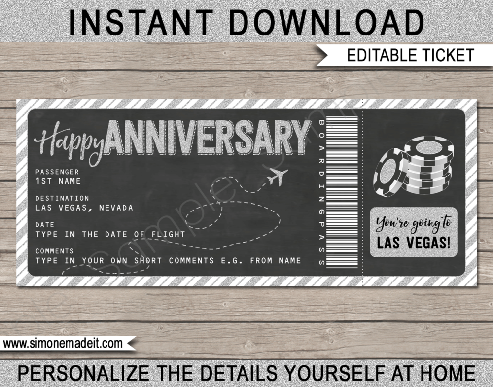 Anniversary Las Vegas Trip Boarding Pass Gift template | Silver Glitter & Chalkboard | Surprise Las Vegas Trip, Flight Getaway, Holiday, Vacation | Faux Fake Boarding Pass | Anniversary Present | DIY Editable Template | Instant Download via giftsbysimonemadeit.com