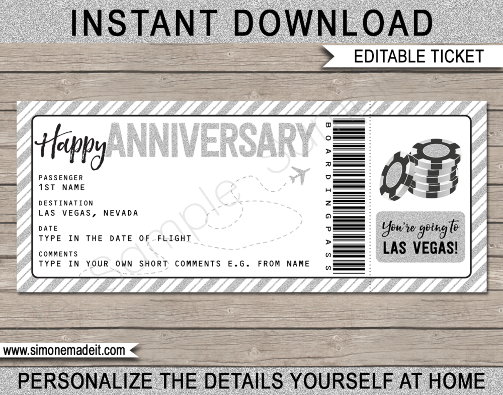 Anniversary Las Vegas Trip Boarding Pass Gift template | Silver Glitter | Surprise Las Vegas Trip, Flight Getaway, Holiday, Vacation | Faux Fake Boarding Pass | Anniversary Present | DIY Editable Template | Instant Download via giftsbysimonemadeit.com