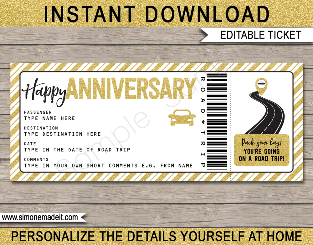 Printable Anniversary Road Trip Ticket Template | Gold Glitter | Surprise Road Trip Reveal Gift Ticket | Fake Ticket | Anniversary Present | Driving Holiday | INSTANT DOWNLOAD via giftsbysimonemadeit.com