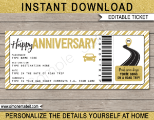 Printable Anniversary Road Trip Ticket Template | Gold Glitter | Surprise Road Trip Reveal Gift Ticket | Fake Ticket | Anniversary Present | Driving Holiday | INSTANT DOWNLOAD via giftsbysimonemadeit.com