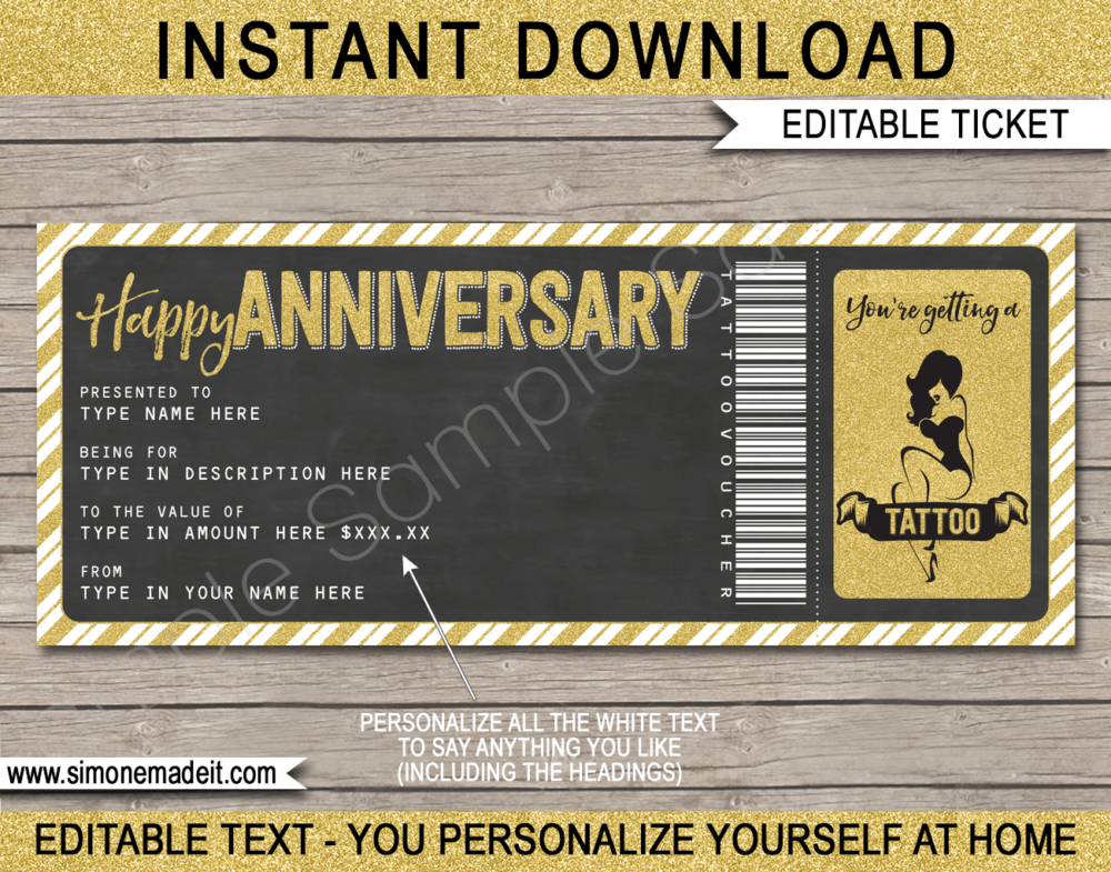 Printable Anniversary Tattoo Gift Voucher Template | Anniversary Gift Certificate | DIY Editable PDF template | Instant download via giftsbysimonemadeit.com