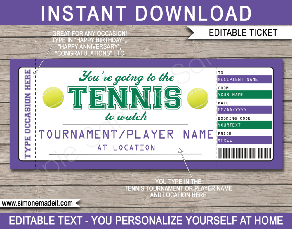 Printable Wimbledon Surprise Tennis Tickets Gift Voucher Template | Surprise Tickets to watch a tennis tournament | Gift Certificate | US Open, Wimbledon, Australian Open, French Open, Grand Slam, Indian Wells | INSTANT DOWNLOAD via giftsbysimonemadeit.com