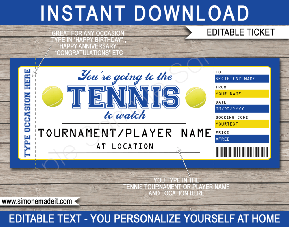 Printable US Open Surprise Tennis Tickets Gift Voucher Template | Surprise Tickets to watch a tennis tournament | Gift Certificate | US Open, Wimbledon, Australian Open, French Open, Grand Slam, Indian Wells | INSTANT DOWNLOAD via giftsbysimonemadeit.com