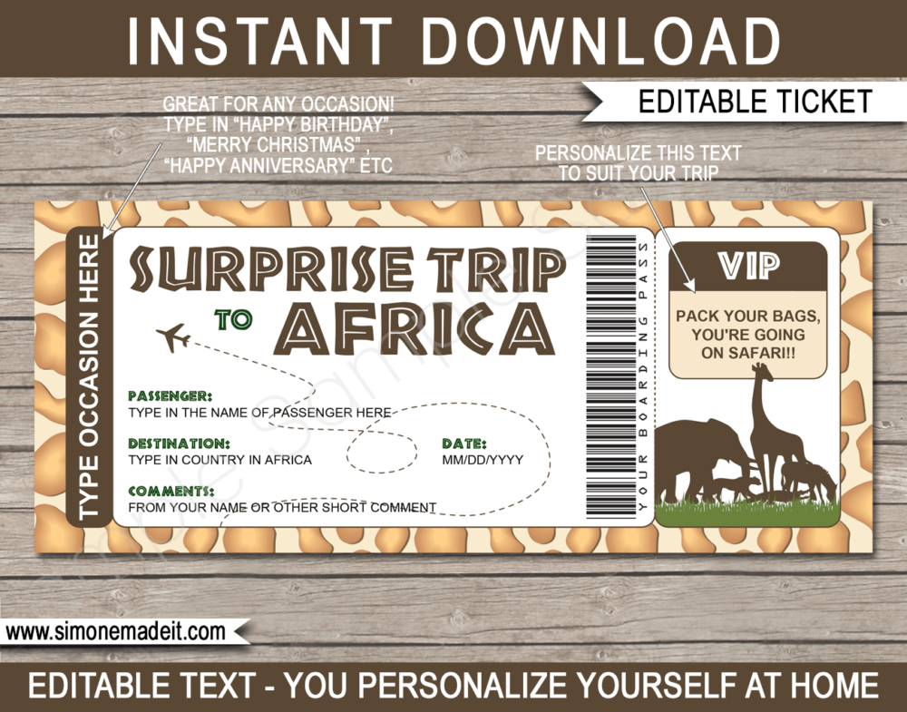 Printable Surprise trip to Africa Boarding Pass Template | African Safari Trip Reveal | Giraffe | Faux Fake Plane Ticket | Any Occasion, Birthday, Anniversary, Christmas Gift | DIY Editable & Printable Template | Instant Download via giftsbysimonemadeit.com