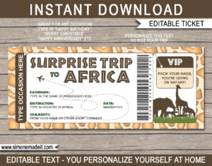 Printable Surprise trip to Africa Boarding Pass Template | African Safari Trip Reveal | Giraffe | Faux Fake Plane Ticket | Any Occasion, Birthday, Anniversary, Christmas Gift | DIY Editable & Printable Template | Instant Download via giftsbysimonemadeit.com
