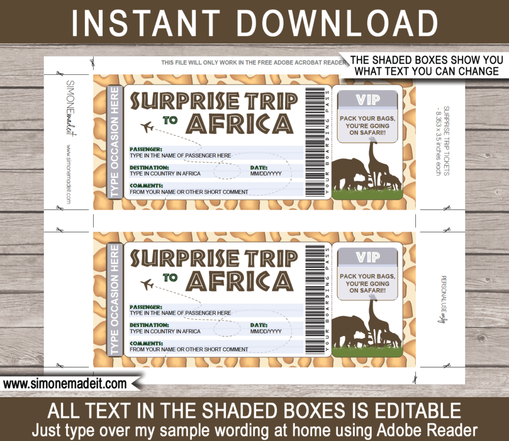 Printable Surprise trip to Africa Boarding Pass Template | African Safari Trip Reveal | Giraffe | Faux Fake Plane Ticket | Any Occasion, Birthday, Anniversary, Christmas Gift | DIY Editable & Printable Template | Instant Download via giftsbysimonemadeit.com