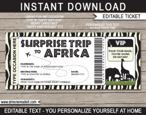 Printable Surprise trip to Africa Boarding Pass Template | African Safari Trip Reveal | Zebra | Faux Fake Plane Ticket | Any Occasion, Birthday, Anniversary, Christmas Gift | DIY Editable & Printable Template | Instant Download via giftsbysimonemadeit.com