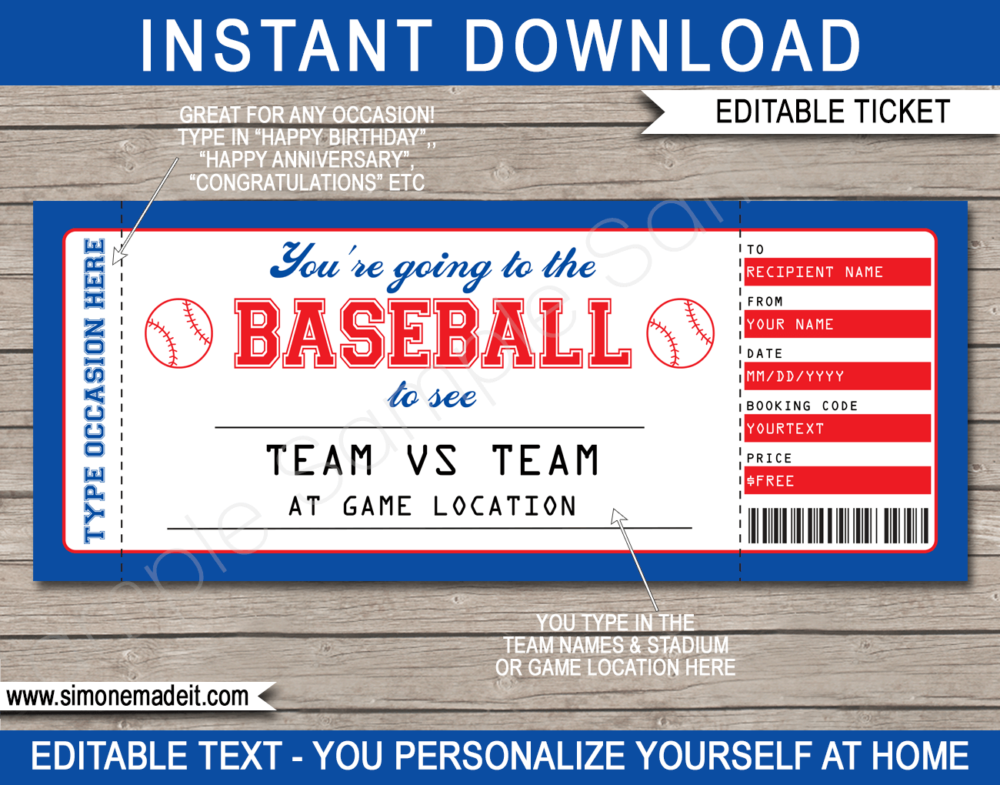 Printable Surprise Baseball Tickets Gift Voucher Template | Surprise Tickets to a Baseball Game | Gift Certificate | Birthday, Anniversary, Shower, Christmas, Hanukkah, Retirement etc | INSTANT DOWNLOAD via giftsbysimonemadeit.com