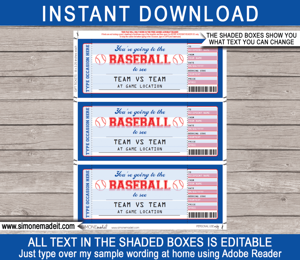 Printable Surprise Baseball Tickets Gift Voucher Template | Surprise Tickets to a Baseball Game | Gift Certificate | Birthday, Anniversary, Shower, Christmas, Hanukkah, Retirement etc | INSTANT DOWNLOAD via giftsbysimonemadeit.com