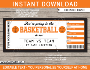 Printable Surprise Basketball Tickets Gift Voucher Template | Surprise Tickets to a Basketball Game | Gift Certificate | Birthday, Anniversary, Shower, Christmas, Hanukkah, Retirement etc | INSTANT DOWNLOAD via giftsbysimonemadeit.com