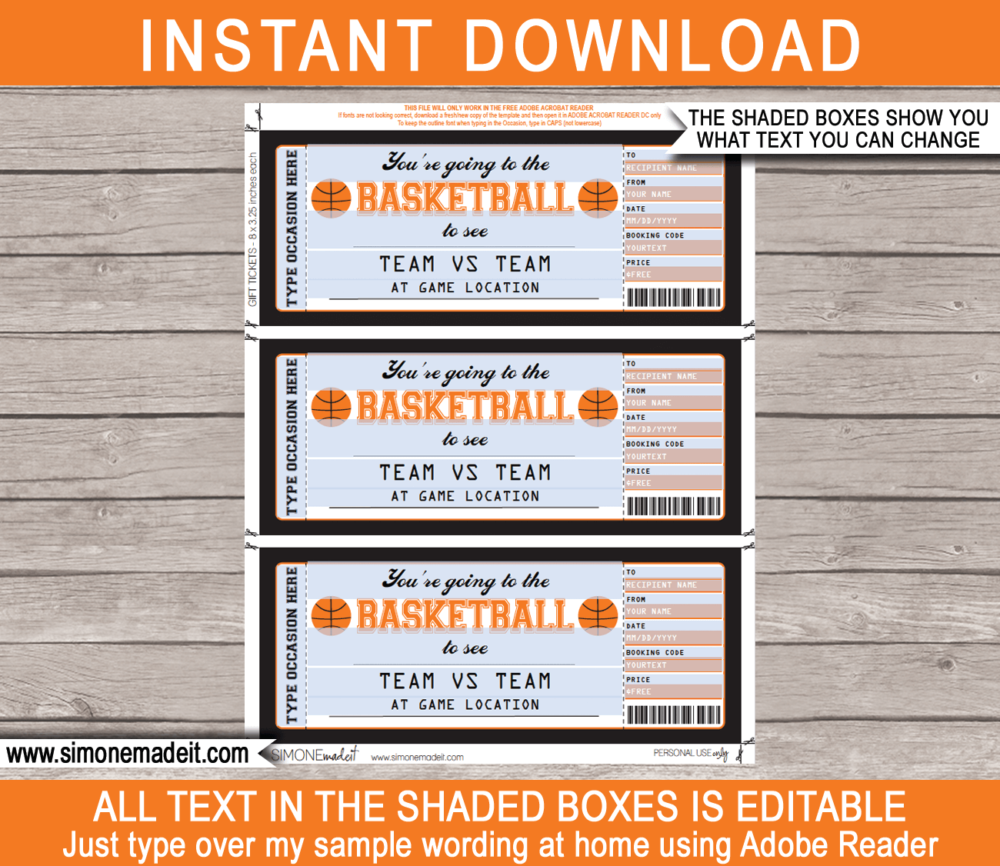 Printable Surprise Basketball Tickets Gift Voucher Template | Surprise Tickets to a Basketball Game | Gift Certificate | Birthday, Anniversary, Shower, Christmas, Hanukkah, Retirement etc | INSTANT DOWNLOAD via giftsbysimonemadeit.com