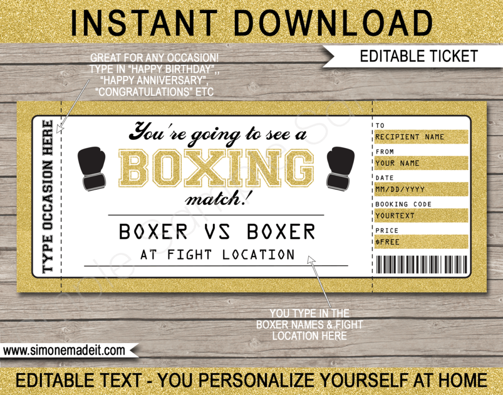 Printable Surprise Boxing Match Tickets Gift Voucher Template | Surprise Tickets to a Boxing Match | Gift Certificate | Birthday, Anniversary, Shower, Christmas, Hanukkah, Retirement etc | INSTANT DOWNLOAD via giftsbysimonemadeit.com