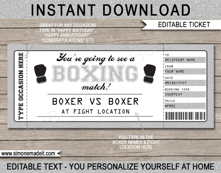 Printable Surprise Boxing Match Tickets Gift Voucher Template