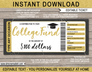 Printable College Savings Fund Gift Certificate template | 529 College Savings Plan Contribution | Education Tuition Fee Gift | Gold Glitter | Any Occasion - birthday, christmas, graduation | Editable Template | INSTANT DOWNLOAD via giftsbysimonemadeit.com
