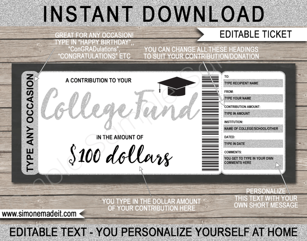 Printable College Fund Gift Certificate template | 529 College Savings Plan Contribution | Education Tuition Fee Gift | Silver Glitter | Any Occasion - birthday, christmas, graduation | Editable Template | INSTANT DOWNLOAD via giftsbysimonemadeit.com