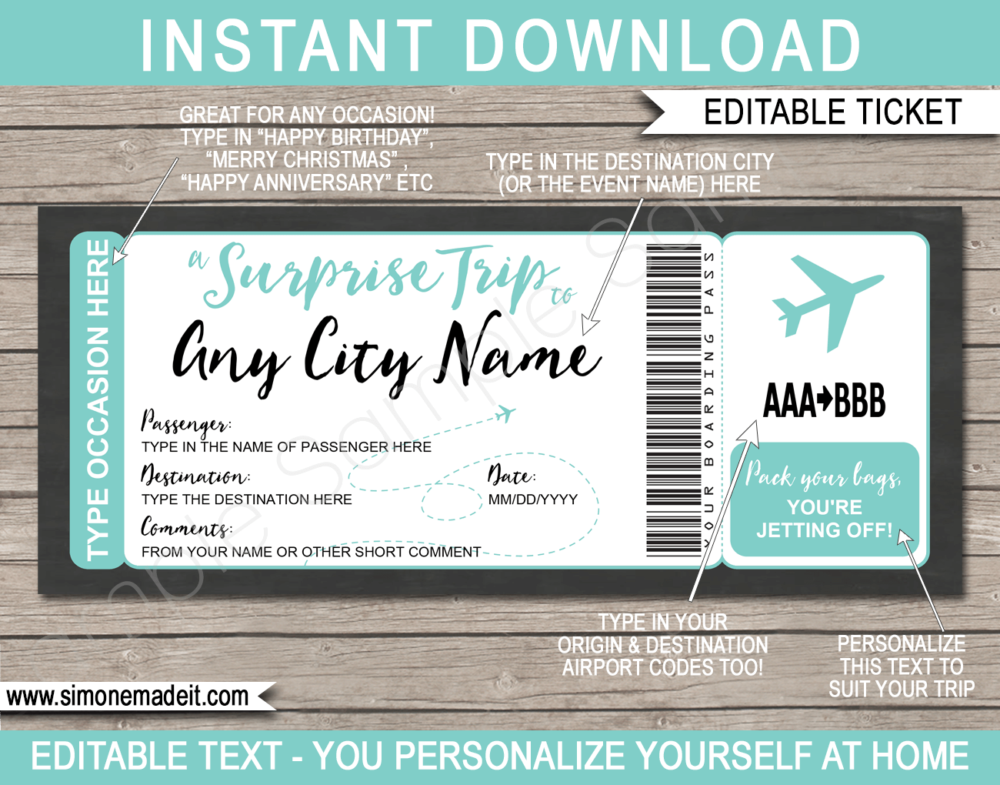 Aqua Printable Surprise Trip Plane Ticket Template | Surprise Trip Reveal | Faux Travel Airline Airplane Document | Fake Boarding Pass | Any Occasion Gift - Birthday, Anniversary, Christmas, Honeymoon, Girls Trip, Mother's Day, Father's Day etc | DIY Editable & Template | Instant Download via giftsbysimonemadeit.com