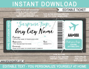 Aqua Printable Surprise Trip Plane Ticket Template | Surprise Trip Reveal | Faux Travel Airline Airplane Document | Fake Boarding Pass | Any Occasion Gift - Birthday, Anniversary, Christmas, Honeymoon, Girls Trip, Mother's Day, Father's Day etc | DIY Editable & Template | Instant Download via giftsbysimonemadeit.com