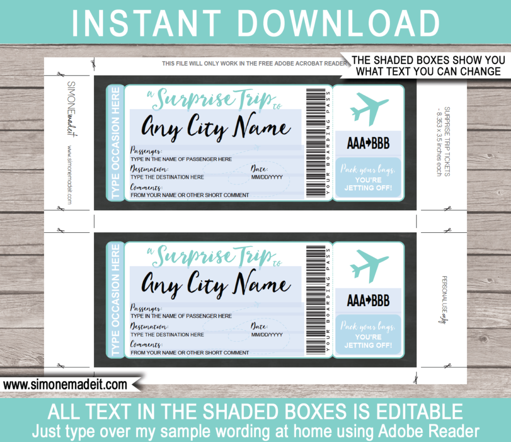 Aqua Printable Surprise Trip Plane Ticket Template | Surprise Trip Reveal | Faux Travel Airline Airplane Document | Fake Boarding Pass | Any Occasion Gift - Birthday, Anniversary, Christmas, Honeymoon, Girls Trip, Mother's Day, Father's Day etc | DIY Editable & Template | Instant Download via giftsbysimonemadeit.com