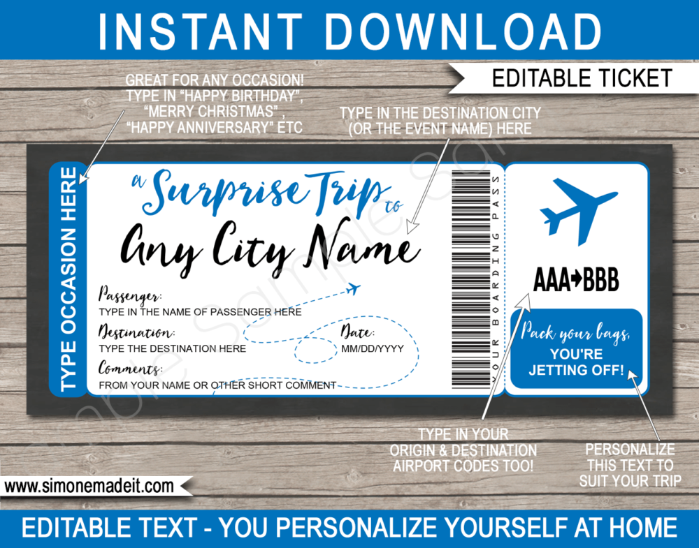 Blue Printable Surprise Trip Plane Ticket Template | Surprise Trip Reveal | Faux Travel Airline Airplane Document | Fake Boarding Pass | Any Occasion Gift - Birthday, Anniversary, Christmas, Honeymoon, Girls Trip, Mother's Day, Father's Day etc | DIY Editable & Template | Instant Download via giftsbysimonemadeit.com