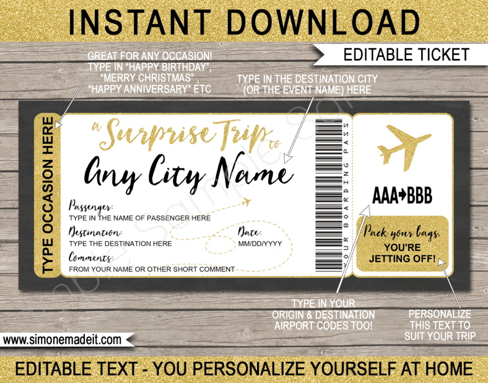 Printable Gold Surprise Trip Airline Ticket Template | Fake Boarding Pass Ticket | Surprise Trip Reveal | Faux Travel Airplane Document | Fake Plane Ticket | Any Occasion Gift - Birthday, Anniversary, Christmas, Honeymoon, Girls Trip, Mother's Day, Father's Day etc | DIY Editable & Template | Instant Download via giftsbysimonemadeit.com