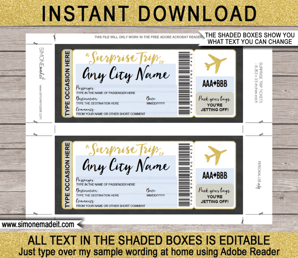 Printable Gold Surprise Trip Airline Ticket Template | Fake Boarding Pass Ticket | Surprise Trip Reveal | Faux Travel Airplane Document | Fake Plane Ticket | Any Occasion Gift - Birthday, Anniversary, Christmas, Honeymoon, Girls Trip, Mother's Day, Father's Day etc | DIY Editable & Template | Instant Download via giftsbysimonemadeit.com